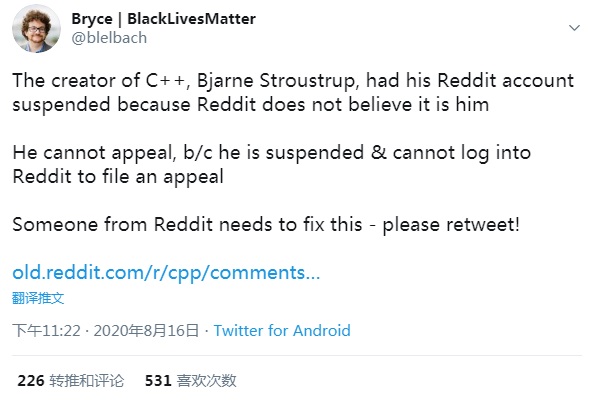C++ 之父被冻结 Reddit 帐号：因不相信是本人帐号