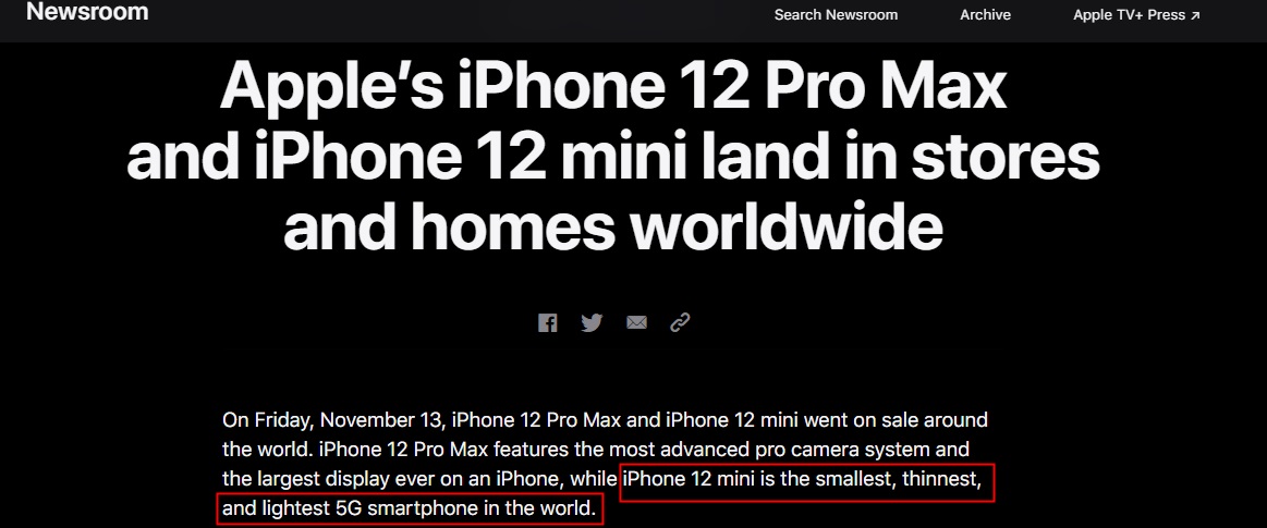 苹果：iPhone 12 mini 是世界上最小、最薄、最轻的 5G 智能手机